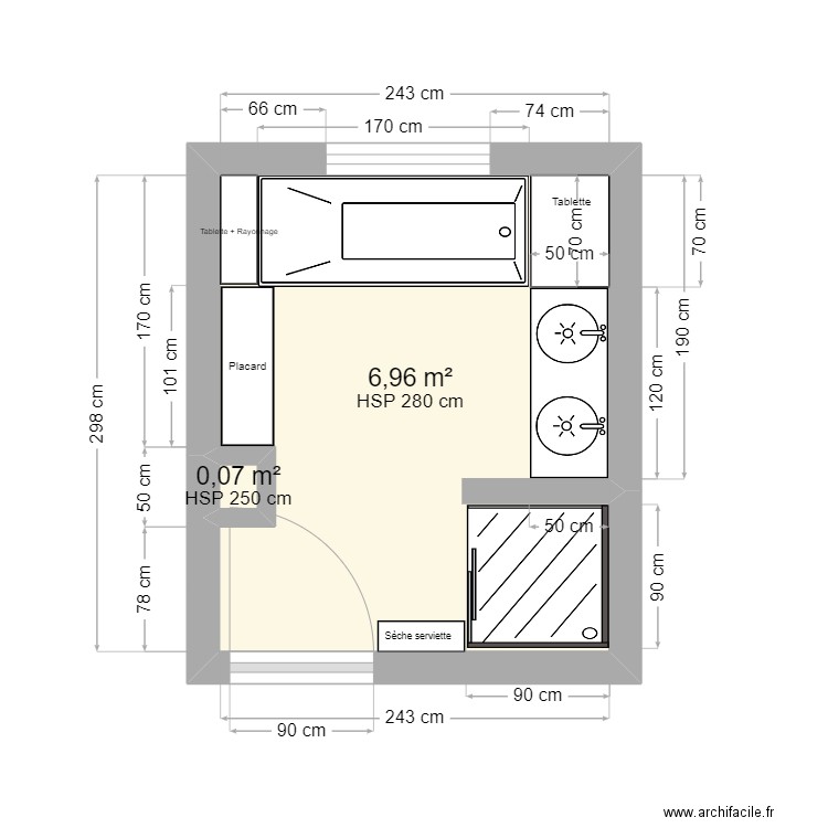 Salle de bain - projet Vincent N°4. Plan de 2 pièces et 7 m2