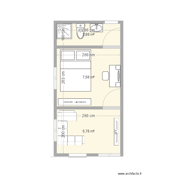 Rufisque 2. Plan de 3 pièces et 16 m2