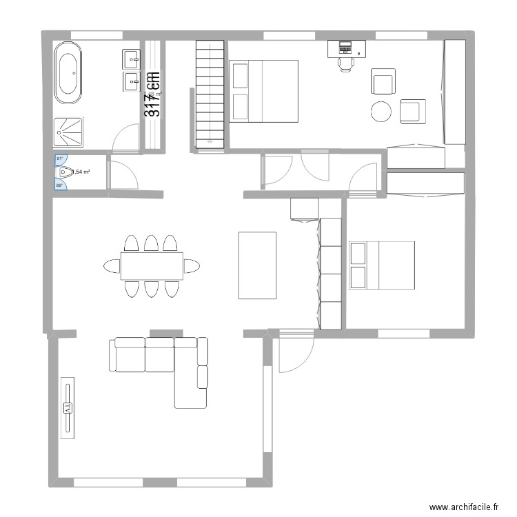 ELINE 1. Plan de 2 pièces et 3 m2