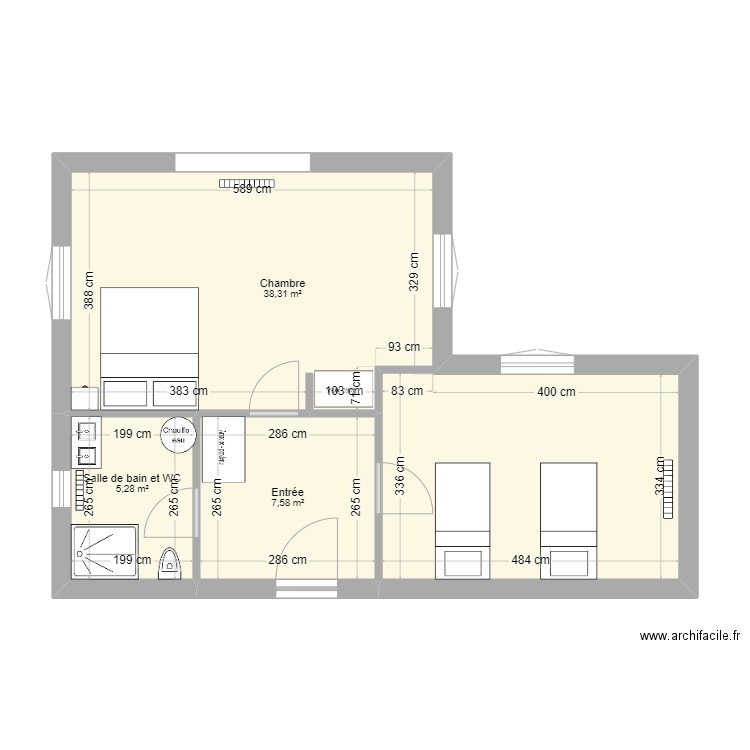 1er étage_sanitaires a l'est_helene. Plan de 3 pièces et 51 m2