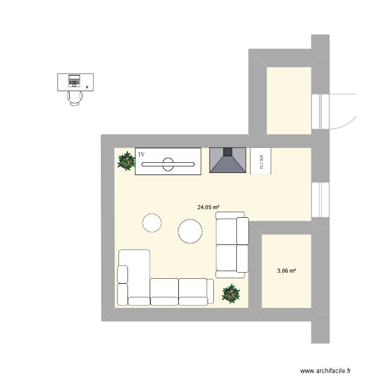 Plan incluant cuisine. Plan de 2 pièces et 27 m2