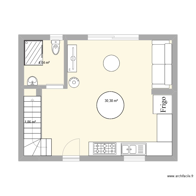 hangar rénové. Plan de 3 pièces et 36 m2