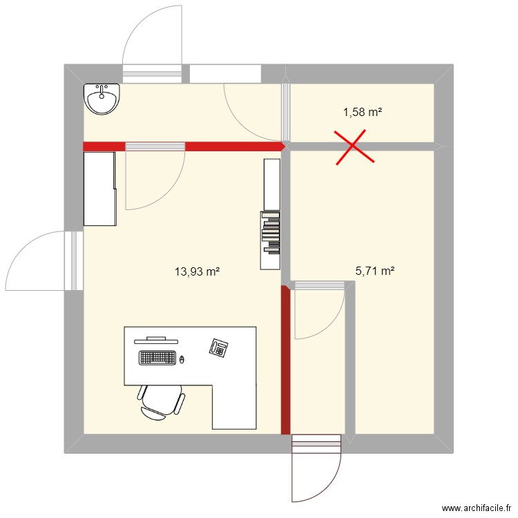 Bureau. Plan de 3 pièces et 21 m2