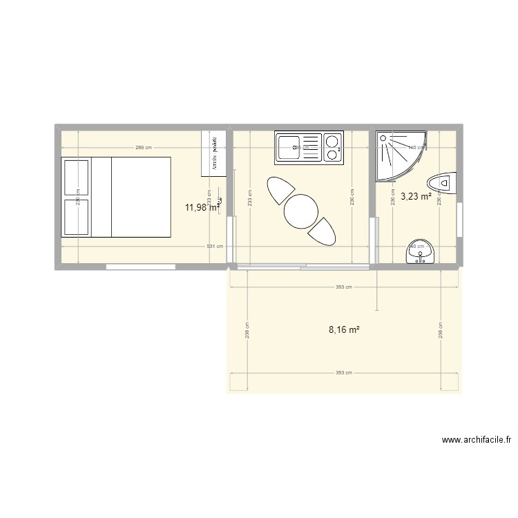 BUNGALOW OLIVIER. Plan de 3 pièces et 23 m2