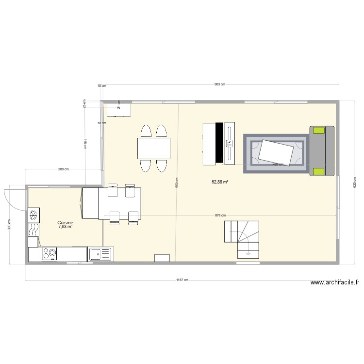 Salle a Manger Cuisine. Plan de 2 pièces et 61 m2