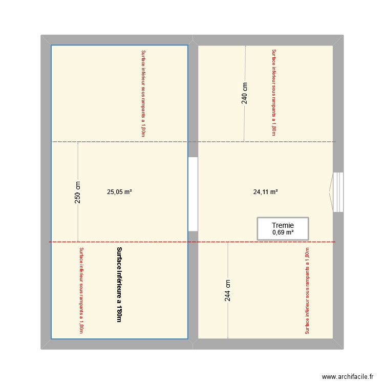 Comble aménageable avant travaux . Plan de 3 pièces et 51 m2