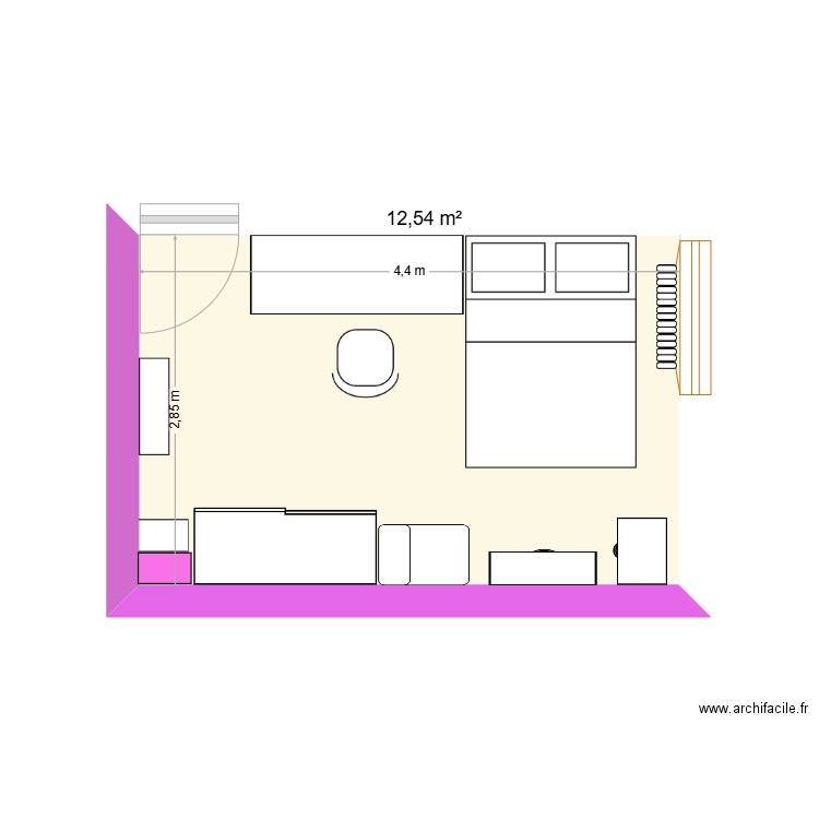 Chambre Olivia aménagée V2. Plan de 1 pièce et 13 m2