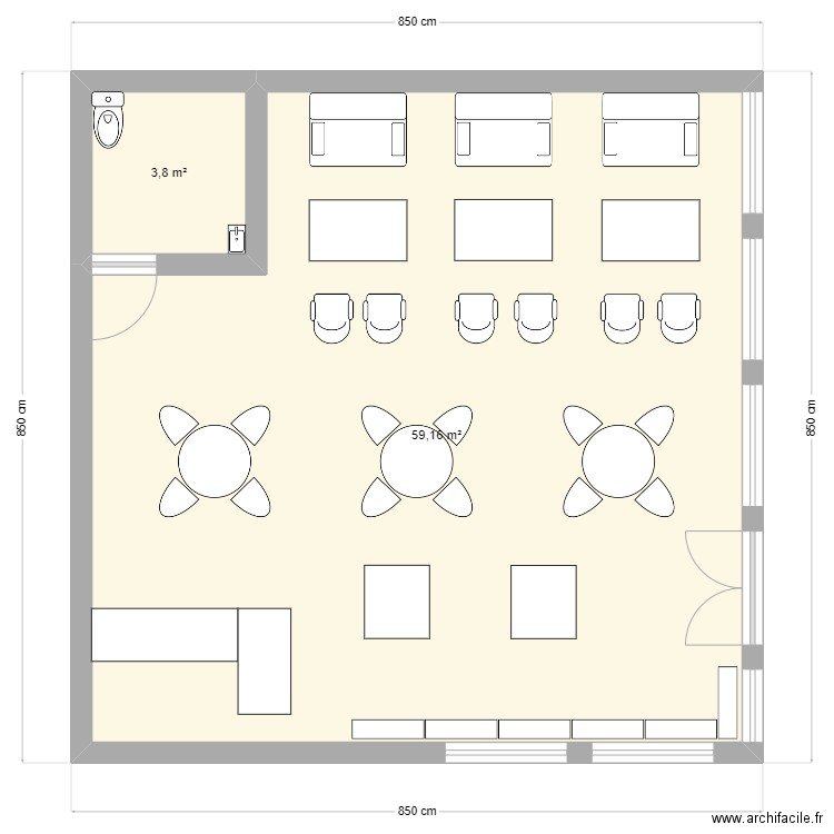 ouioui. Plan de 2 pièces et 63 m2