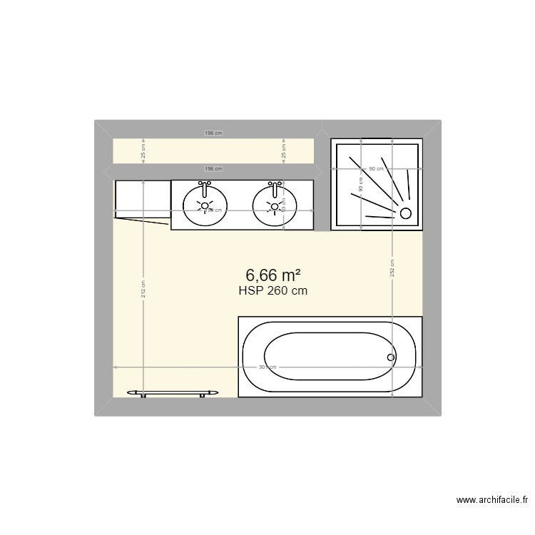 Salle de bain proncipale v1. Plan de 2 pièces et 7 m2