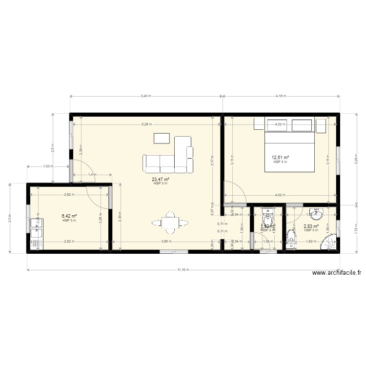 ABESS2. Plan de 5 pièces et 47 m2