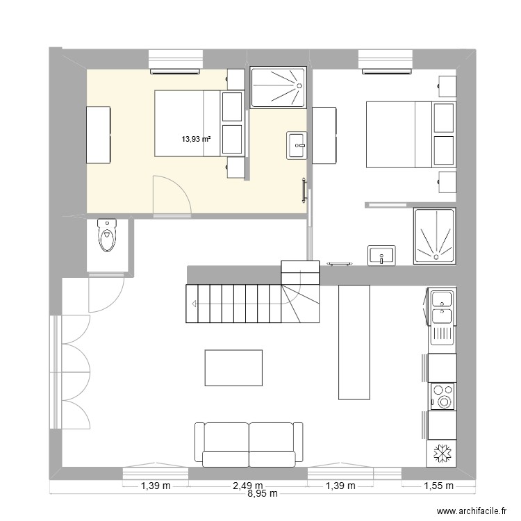 bellevue 2. Plan de 1 pièce et 14 m2