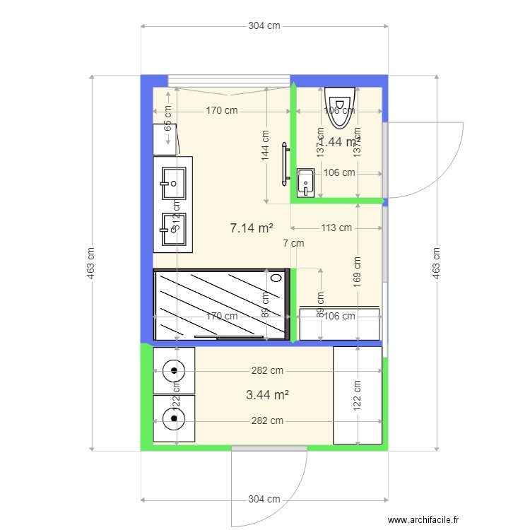 projet N°2 sdb BOGAERT . Plan de 3 pièces et 12 m2