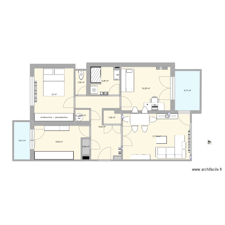 Appt Lyon 3. Plan de 16 pièces et 80 m2