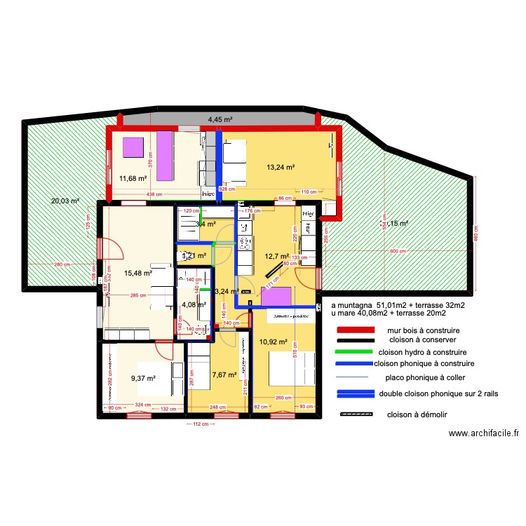 1er étage gîtes version 2 ter. Plan de 15 pièces et 148 m2