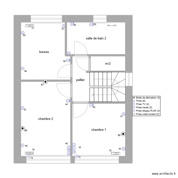 chalet zinc 1er etage prise de courant. Plan de 6 pièces et 44 m2