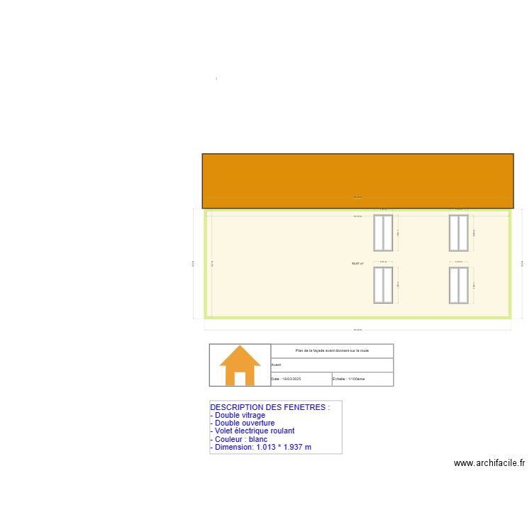 Plan de la façade extérieur donnant sur la route. Plan de 1 pièce et 93 m2