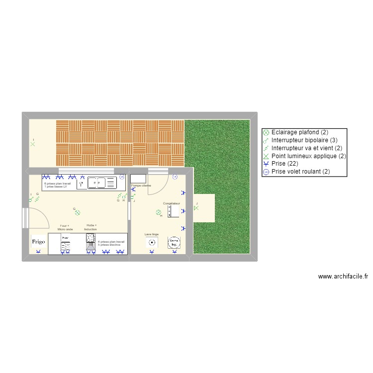 Cuisine + Buanderie (Electricité). Plan de 3 pièces et 43 m2