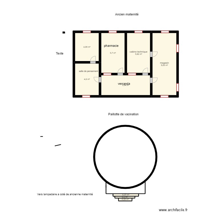 Vue en plan ancienne maternité (Dispensaire) TINOU. Plan de 9 pièces et 36 m2