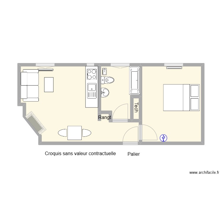 Chambery 27 deux pièces droite. Plan de 4 pièces et 34 m2