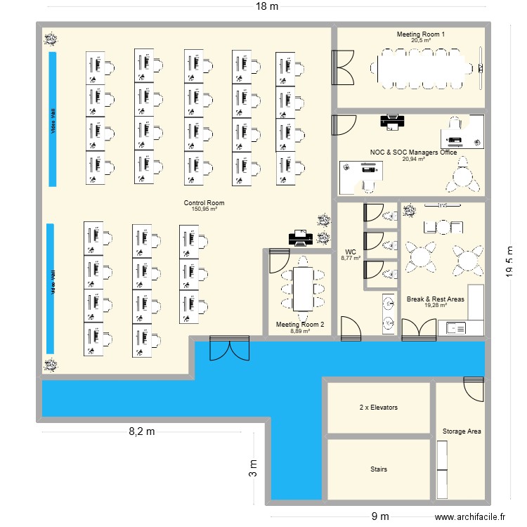 NOC Layout. Plan de 13 pièces et 307 m2