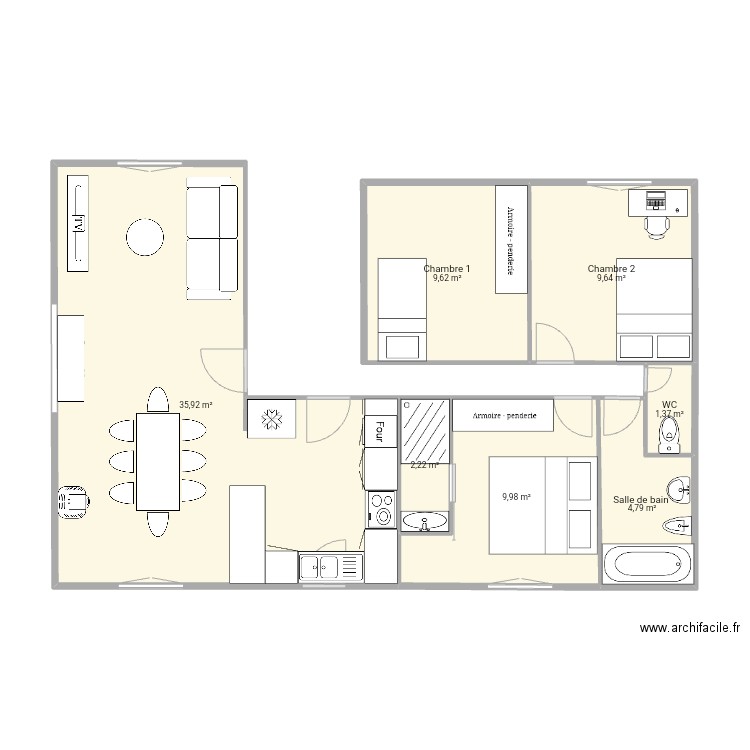 Maison . Plan de 7 pièces et 74 m2