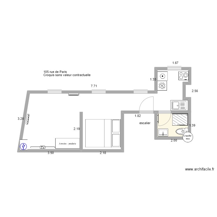 105 Paris. Plan de 1 pièce et 2 m2