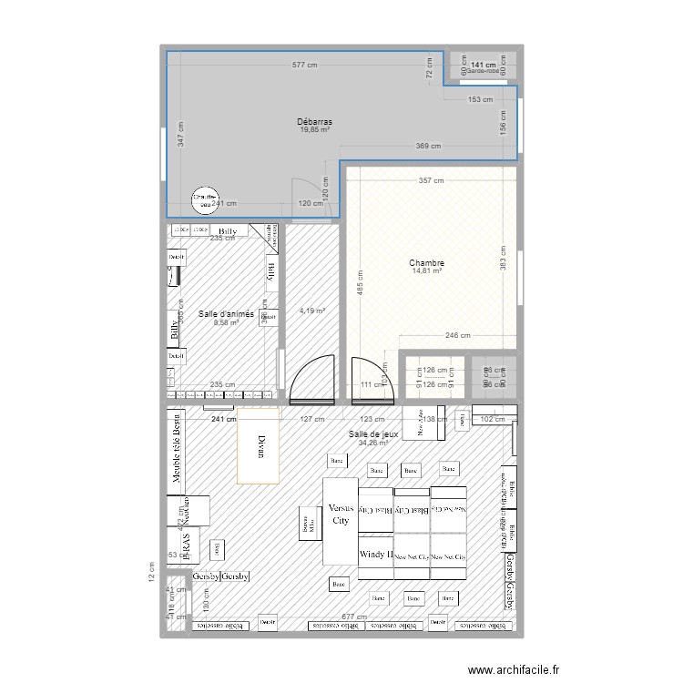 Sous-sol-meublé-v2. Plan de 8 pièces et 85 m2