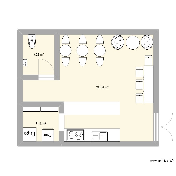 coffee shop. Plan de 3 pièces et 33 m2