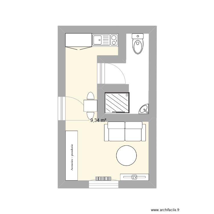 studio rdc. Plan de 1 pièce et 9 m2