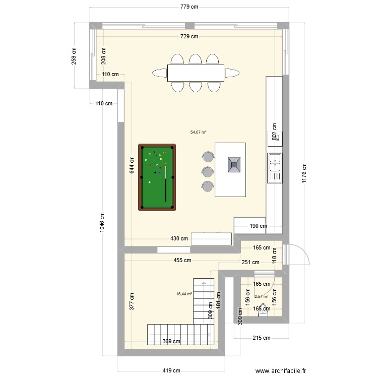 Cuisine. Plan de 3 pièces et 73 m2