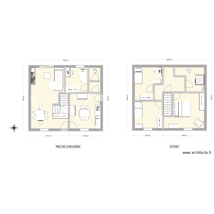 RDC initial revu escalier. Plan de 10 pièces et 108 m2