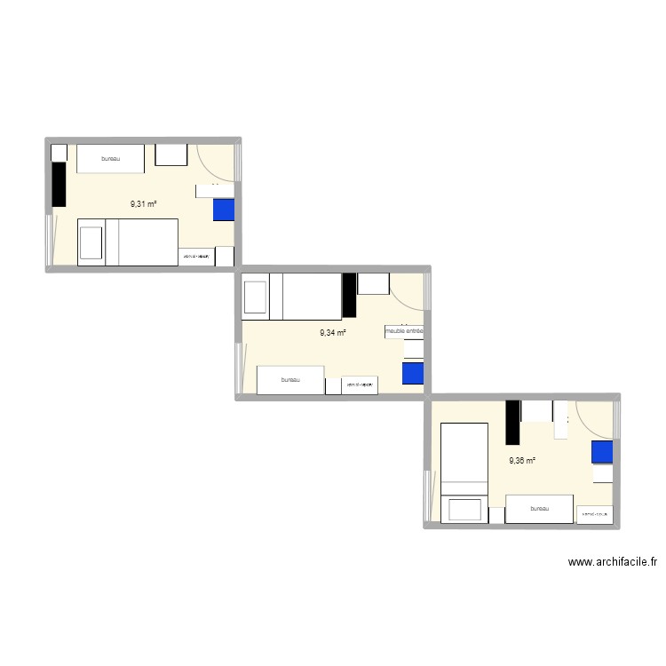 chambre max. Plan de 3 pièces et 28 m2