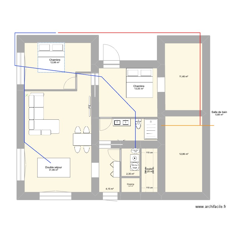 Rez de Jardin CABESSUT SDB/WC vers chambre. Plan de 10 pièces et 99 m2