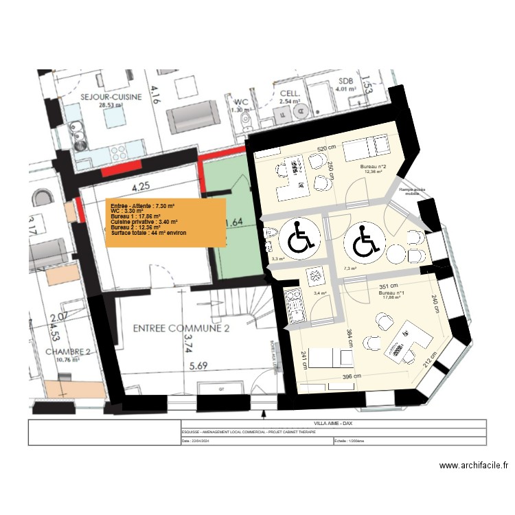 DAX - LOCAL PEDOPSYCHIATRIE V2. Plan de 5 pièces et 44 m2