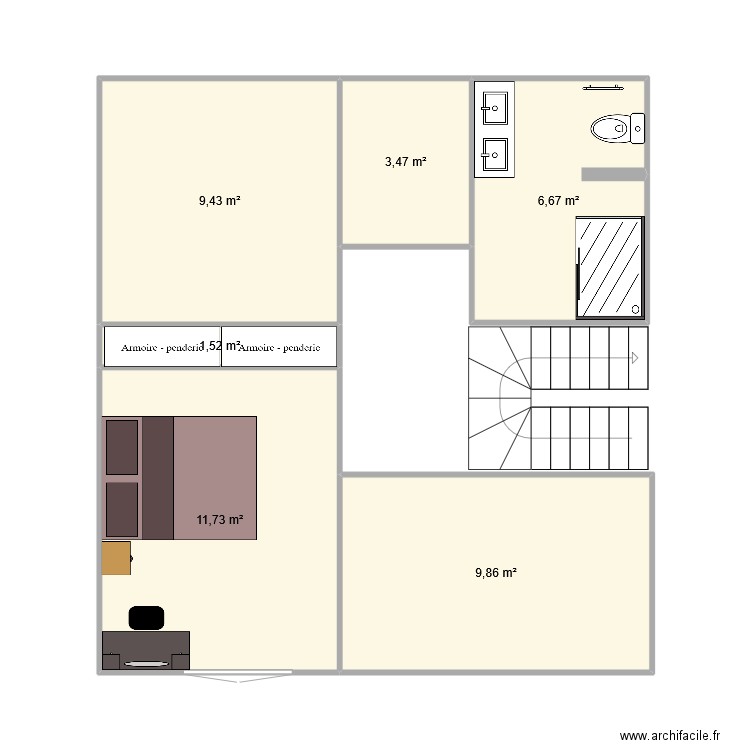 Etage maison. Plan de 6 pièces et 43 m2