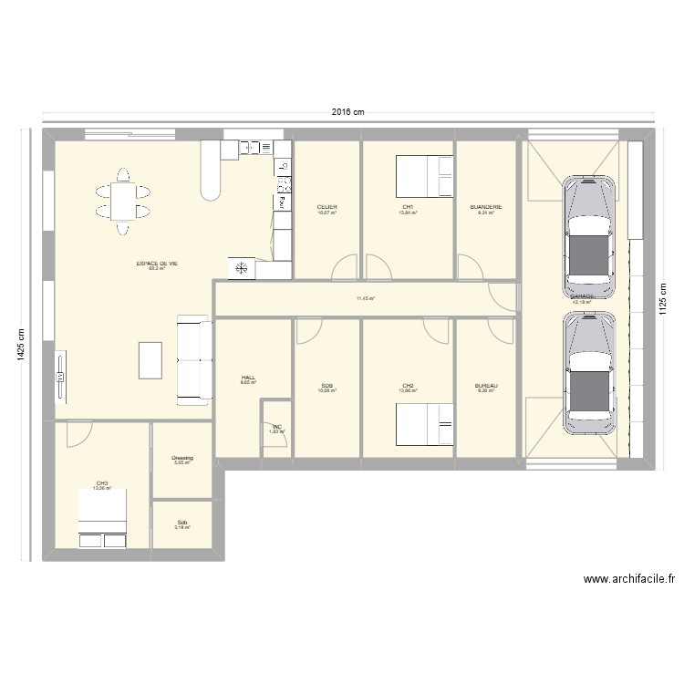 PLAN 22-01. Plan de 14 pièces et 213 m2