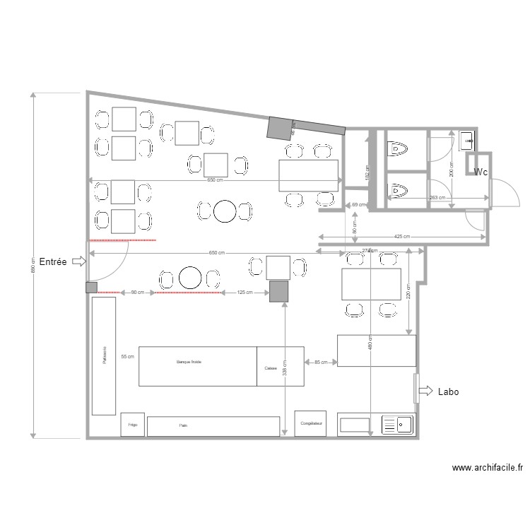 Tea-room Corinne. Plan de 6 pièces et 69 m2