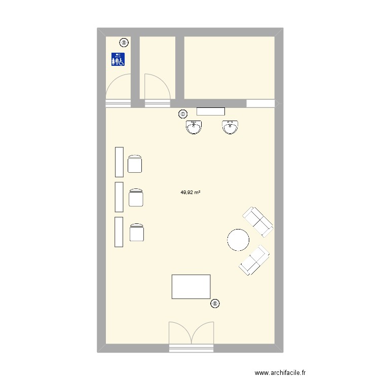 Salon coiffure. Plan de 1 pièce et 50 m2