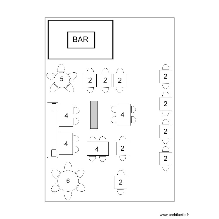 Plan de table 45 places. Plan de 1 pièce et 78 m2