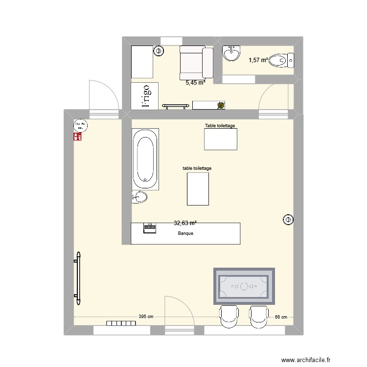 salon  toilettage . Plan de 3 pièces et 40 m2