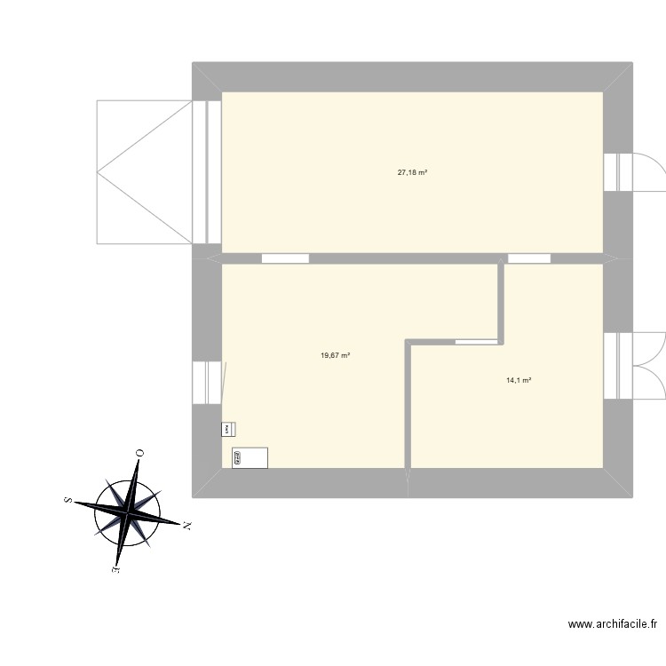 RDC maison. Plan de 3 pièces et 61 m2