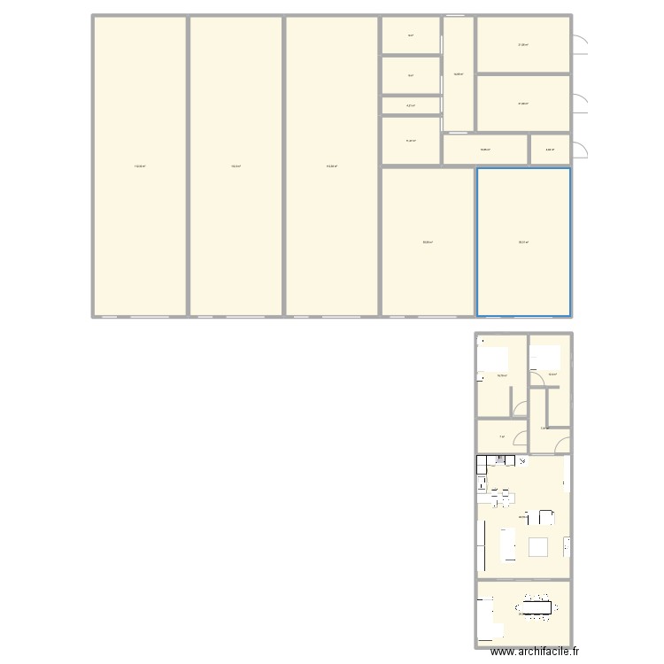 Hangar. Plan de 20 pièces et 670 m2