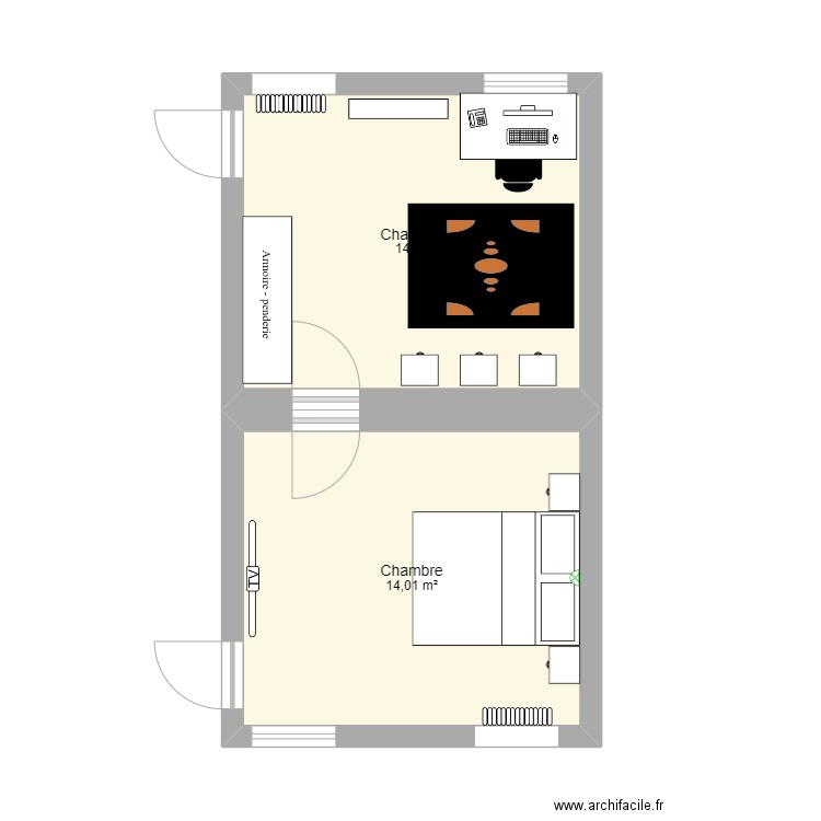 chambre. Plan de 2 pièces et 28 m2