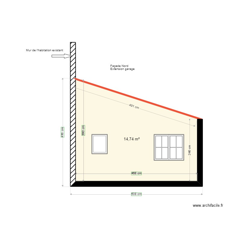 Façade Nord  extension garage. Plan de 1 pièce et 15 m2