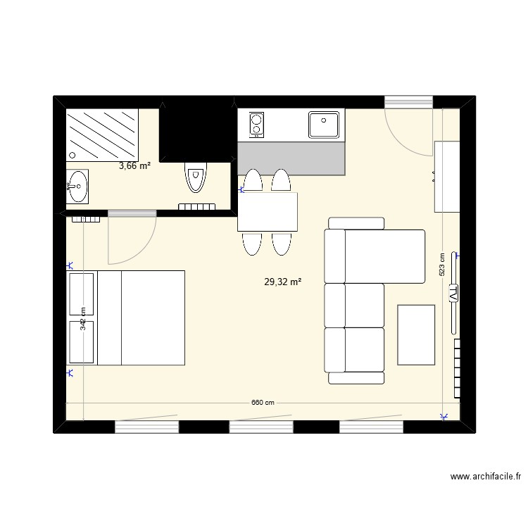 Studio Une Personne 5. Plan de 3 pièces et 34 m2