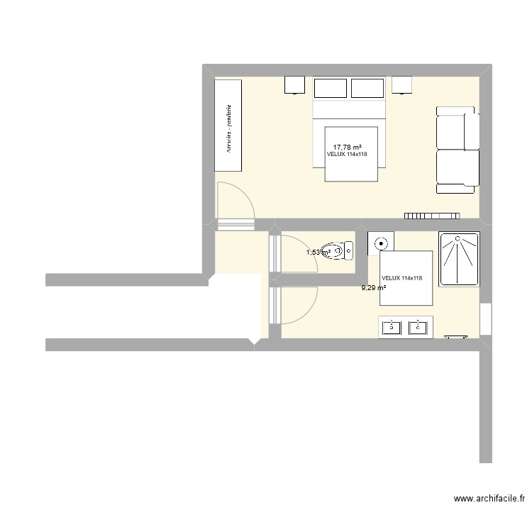 ¨Pièce Maison Bleue. Plan de 3 pièces et 29 m2