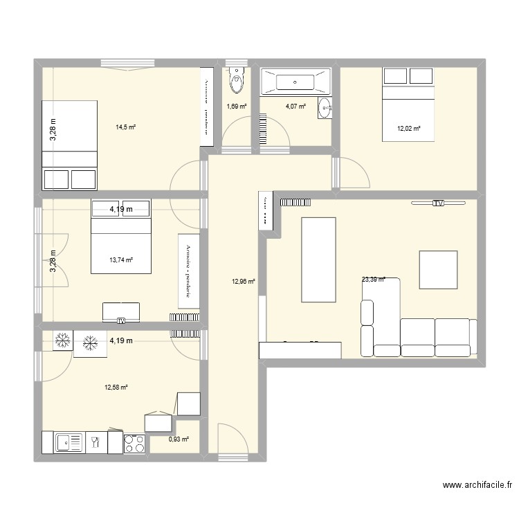 Appart Ajaccio. Plan de 9 pièces et 96 m2