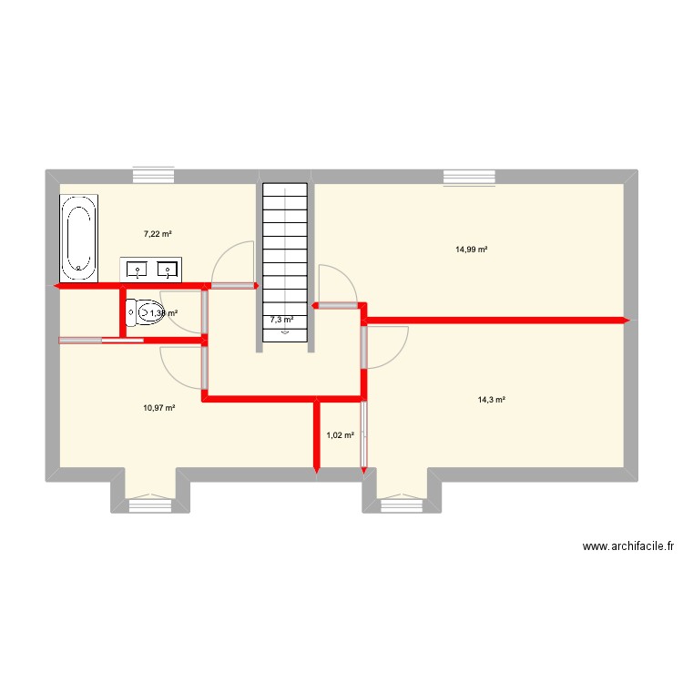 r+1 bas cana. Plan de 7 pièces et 57 m2