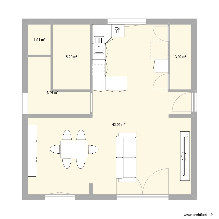 cuisine + salon. Plan de 5 pièces et 58 m2