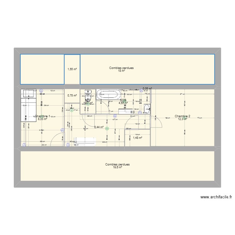 Combles1. Plan de 11 pièces et 76 m2